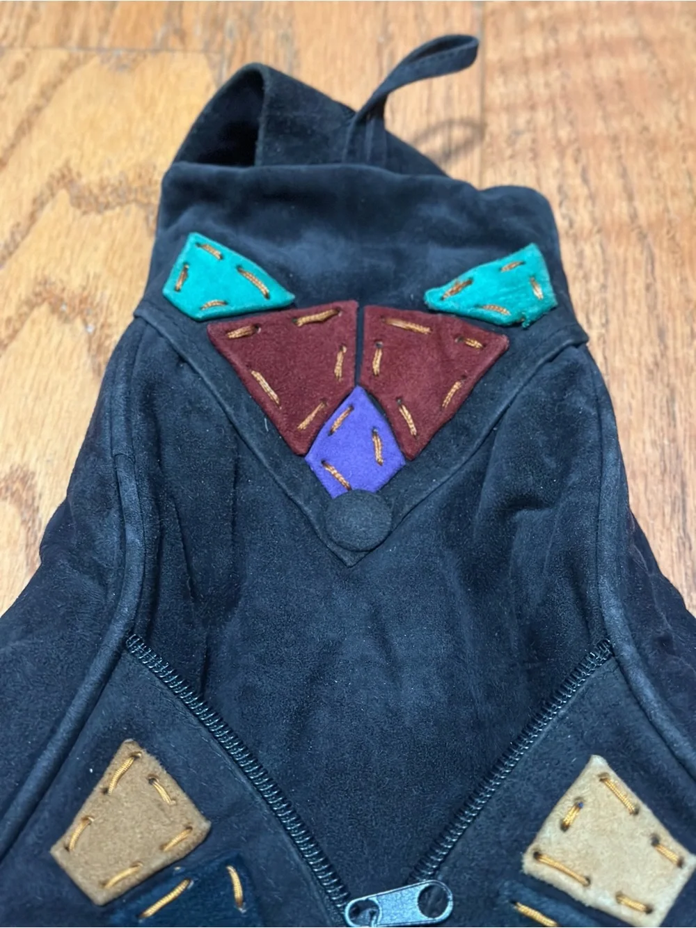 Black Suede Bird Carrier Backpack with Red & Blue Parrot Design